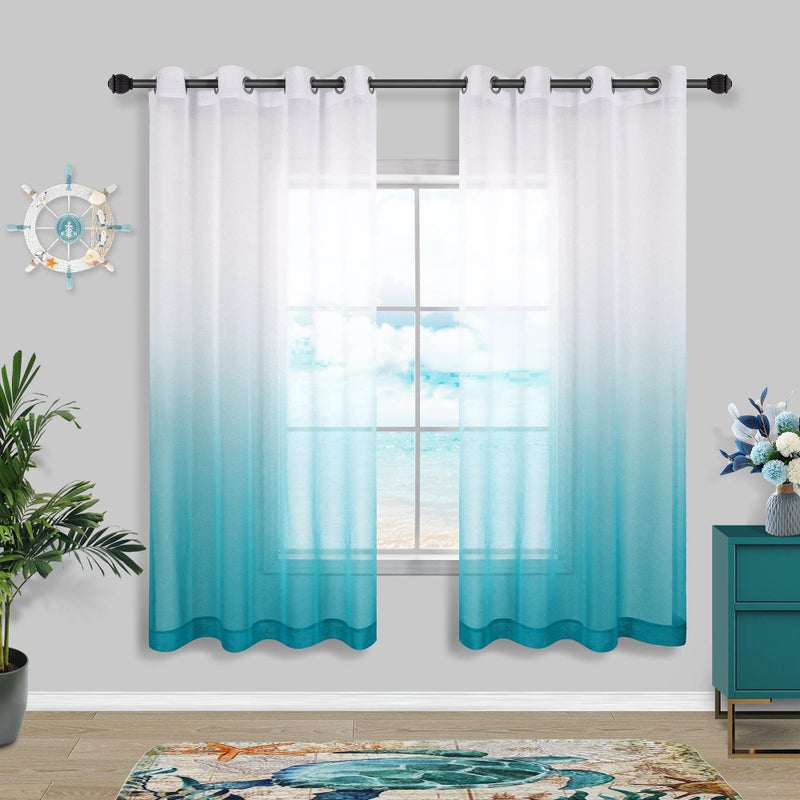 KOUFALL Teal Coastal Curtains for Living Room 63 Inch Length,Sheer Cowgirl Room Decor Ocean Mermaid Curtains for Girls Bedroom - Image 1